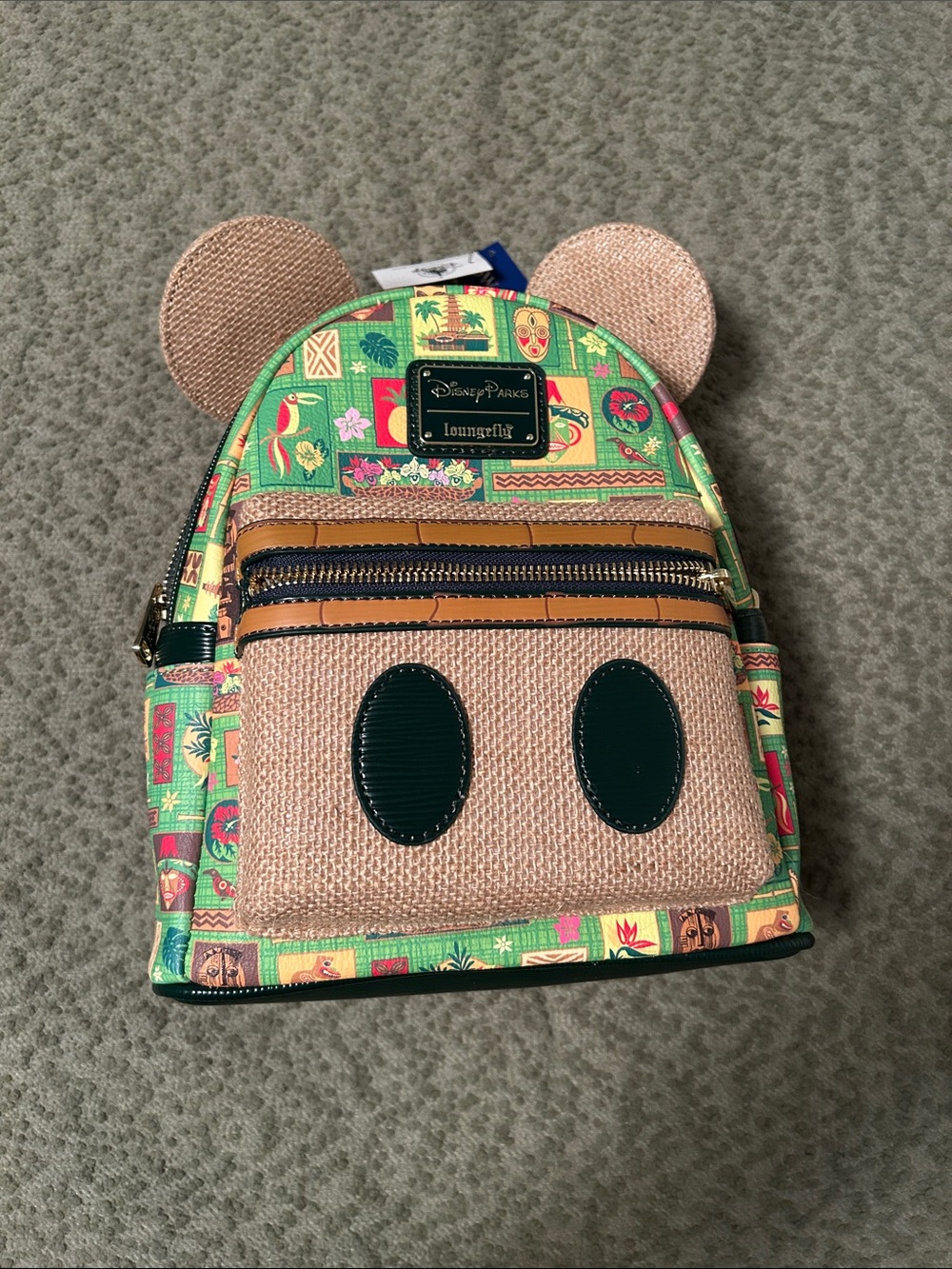 Loungefly Green Tiki Mickey Mini Backpack with Rose-Gold Ears